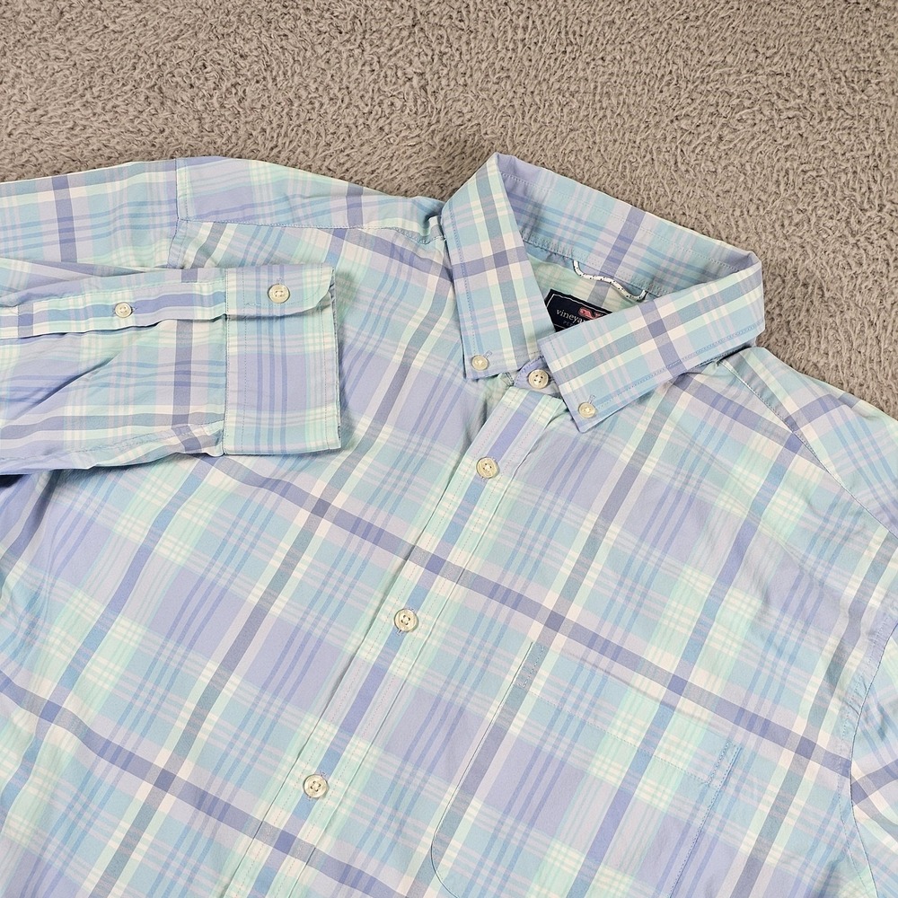 Vineyard Vines Murray Shirt Mens 2XL Blue Plaid Long Sleeve Performance Stretch